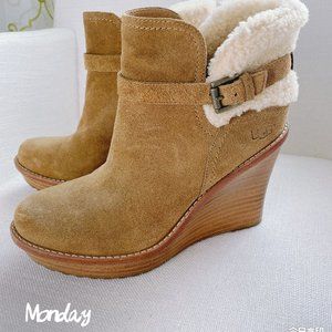 UGG Chestnut Suede Sherling Wedge Ankle Boots: NEW